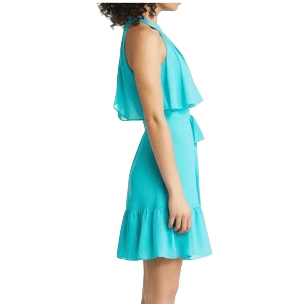 NWT Eliza J Halter Popover Mini Dress Womens 14 Turquoise Chiffon Ruffle Wedding - Picture 3 of 14